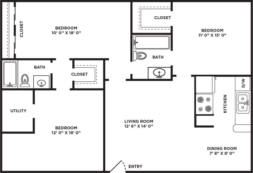 A E116 – Three Bedroom / Two Bath / W/D Connections unit with 3 Bedrooms and 2 Bathrooms with area of  sq. ft