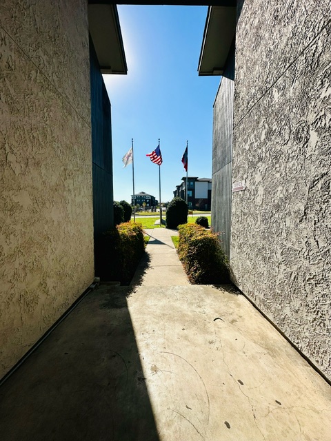 the view of an open doorway with american flags at The Arlington Park Apartments